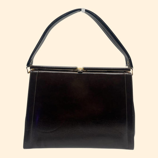 1960s Vintage Dark Brown Patent Leather Handbag Paisley Interior Gold Frame Clasp Mid Century Purse