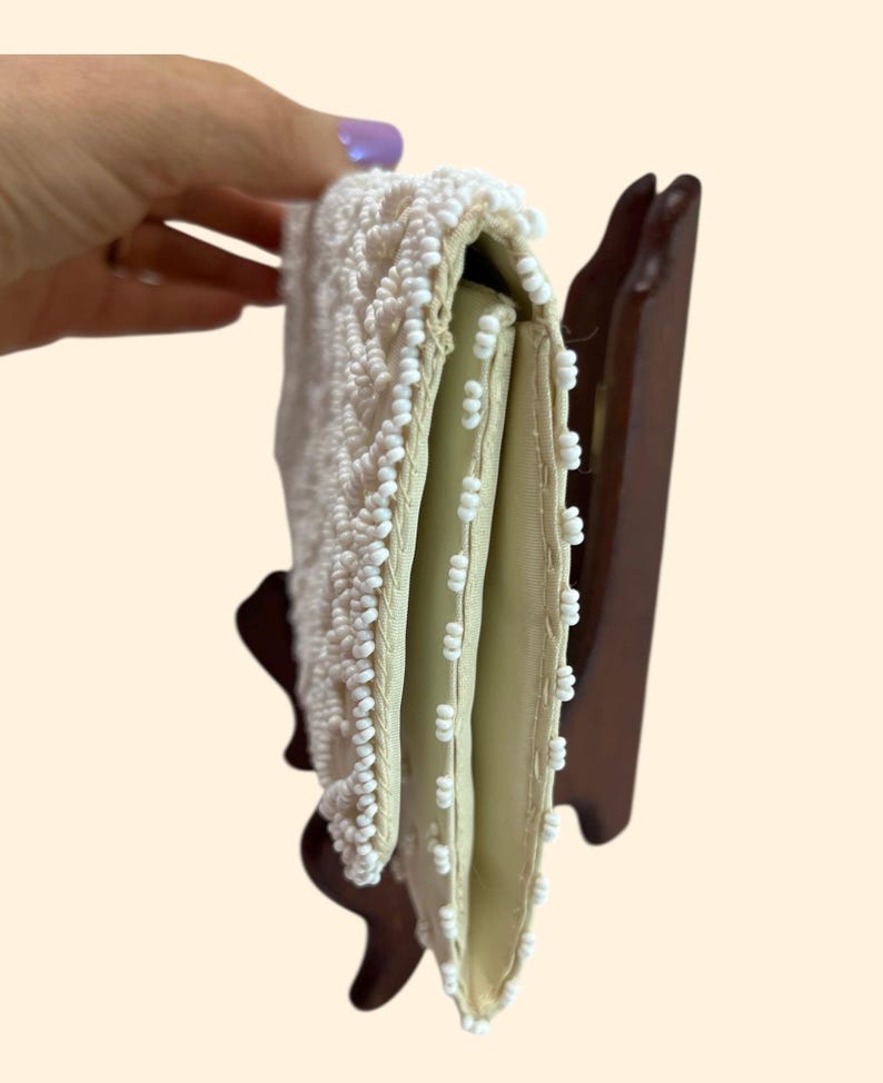 1960s Vintage White Satin Beaded Clutch Purse with Matching Gloves Made in Hong Kong