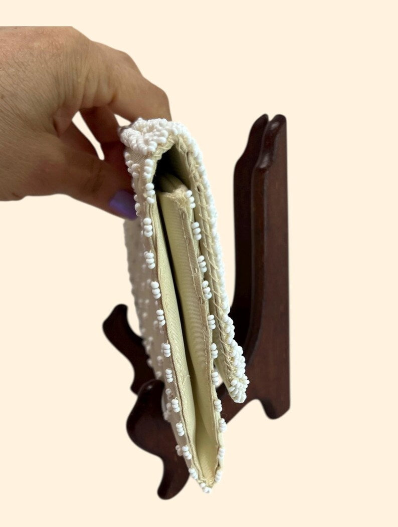 1960s Vintage White Satin Beaded Clutch Purse with Matching Gloves Made in Hong Kong