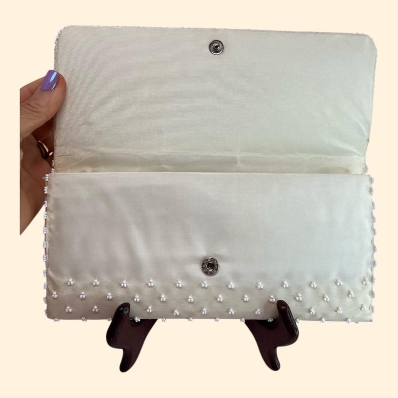 1960s Vintage White Satin Beaded Clutch Purse with Matching Gloves Made in Hong Kong