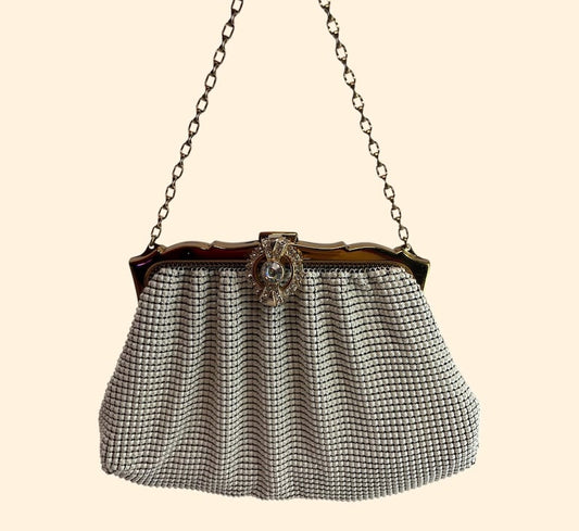 1950’s -1960’s Whiting & Davis Vintage White Mesh Evening Handbag Rhinestone Clasp Chain Handle Made in USA