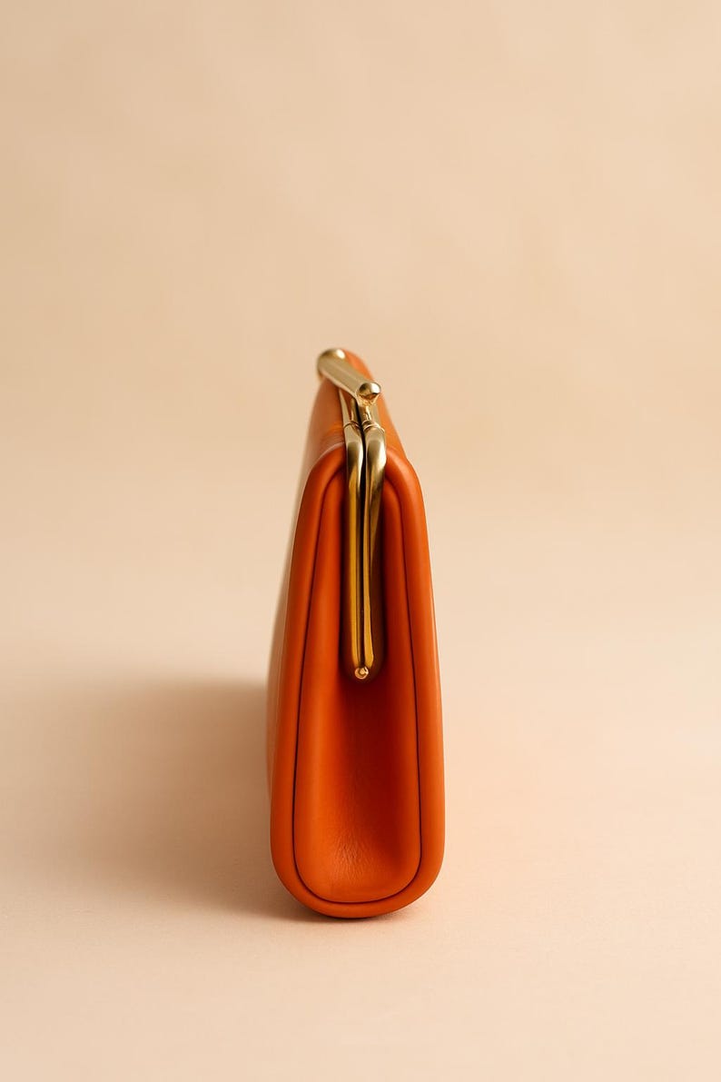 1960s Vintage Orange Clutch Purse Gold Frame Mid Century Handbag