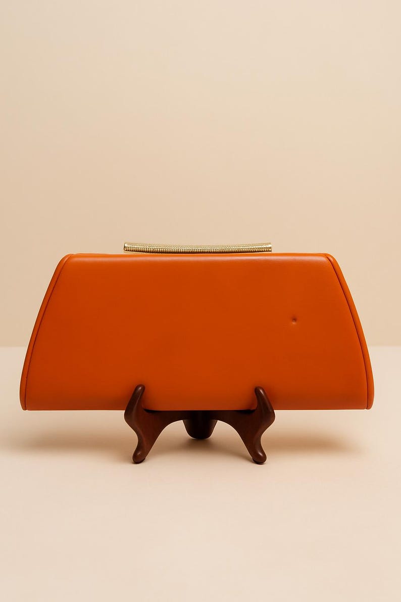1960s Vintage Orange Clutch Purse Gold Frame Mid Century Handbag