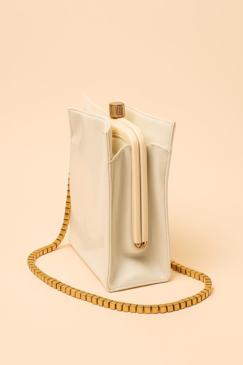 1960s Coblentz Original White Patent Leather Handbag Gold Chain Handle Vintage Purse.