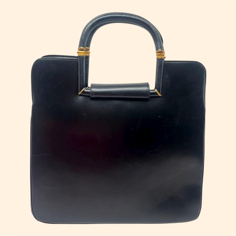1950s Rosenfeld Vintage Black Leather Structured Handbag with Gold Hardware