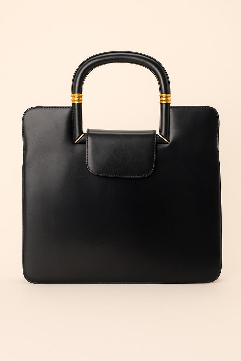 1950s Rosenfeld Vintage Black Leather Structured Handbag with Gold Hardware