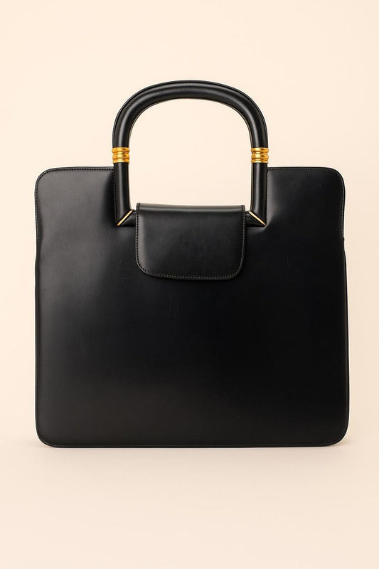1950s Rosenfeld Vintage Black Leather Structured Handbag with Gold Hardware