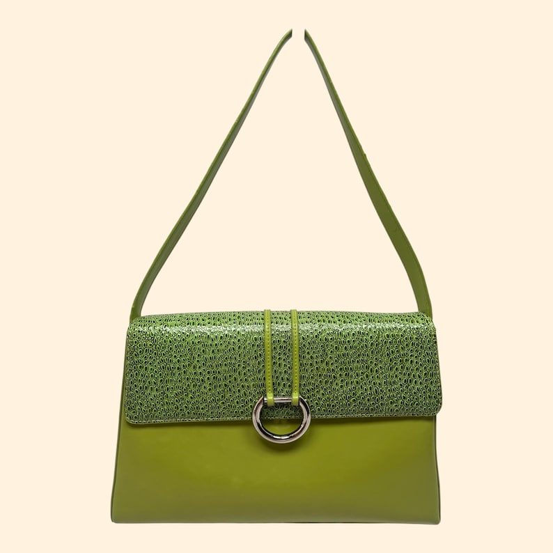 Alexandrea Ashlie Vintage 1960s Lime Green Handbag Silver Ring Mod Shoulder Purse