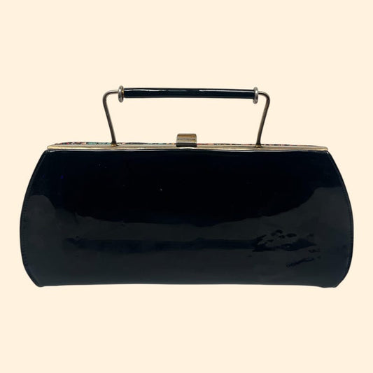 1960s Johansen Vintage Black Patent Leather Handbag with Floral Brocade Accent and Gold Frame