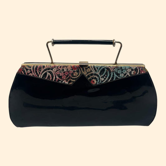 1960s Johansen Vintage Black Patent Leather Handbag with Floral Brocade Accent and Gold Frame