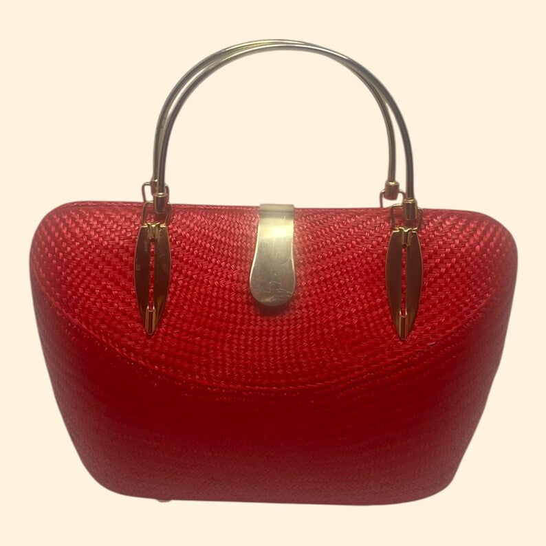 1960s Vintage Red Woven Handbag with Gold Handles and Clasp Mid Century Purse.