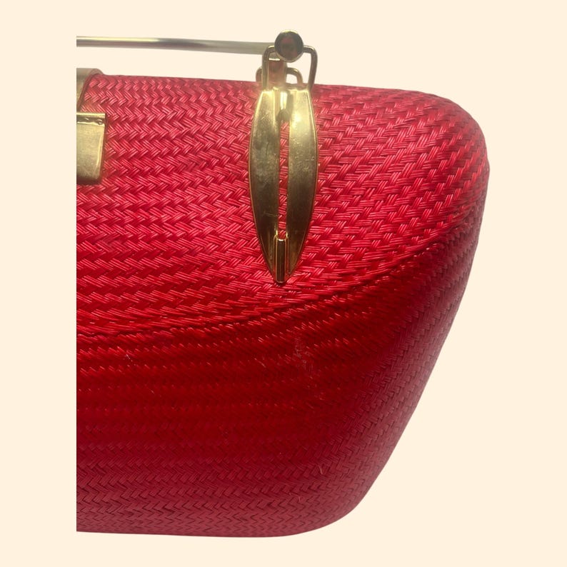 1960s Vintage Red Woven Handbag with Gold Handles and Clasp Mid Century Purse.