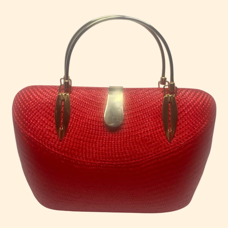 1960s Vintage Red Woven Handbag with Gold Handles and Clasp Mid Century Purse.