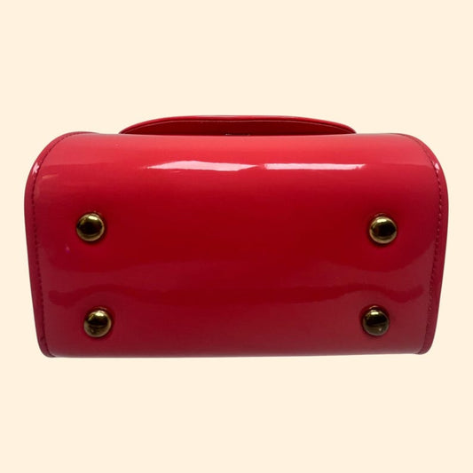 1960s Vintage Coral Patent Leather Handbag Structured Frame Mid Century Purse