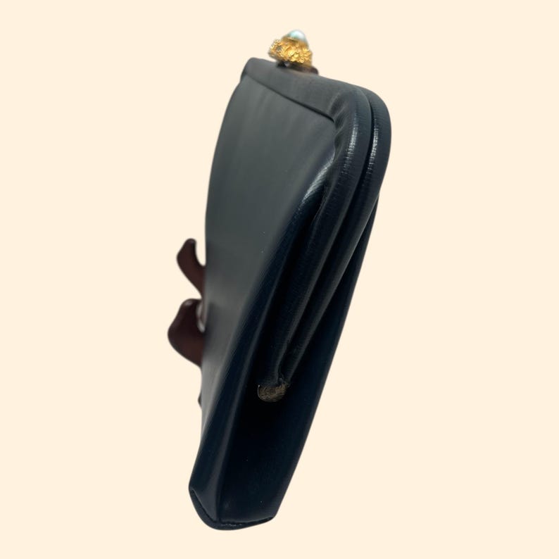 1960s Vintage Navy Blue Clutch Purse Gold Turquoise Clasp Butterfly Lining Mid Century Handbag