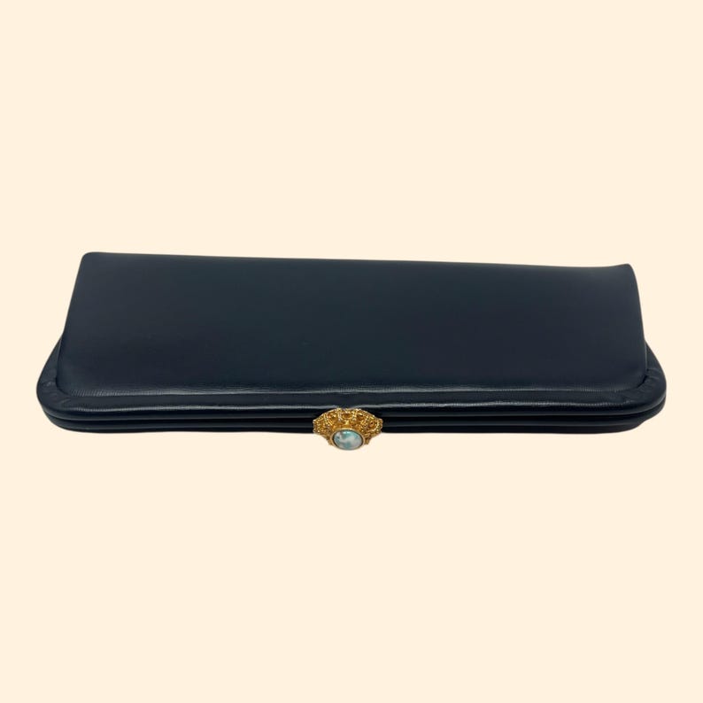 1960s Vintage Navy Blue Clutch Purse Gold Turquoise Clasp Butterfly Lining Mid Century Handbag