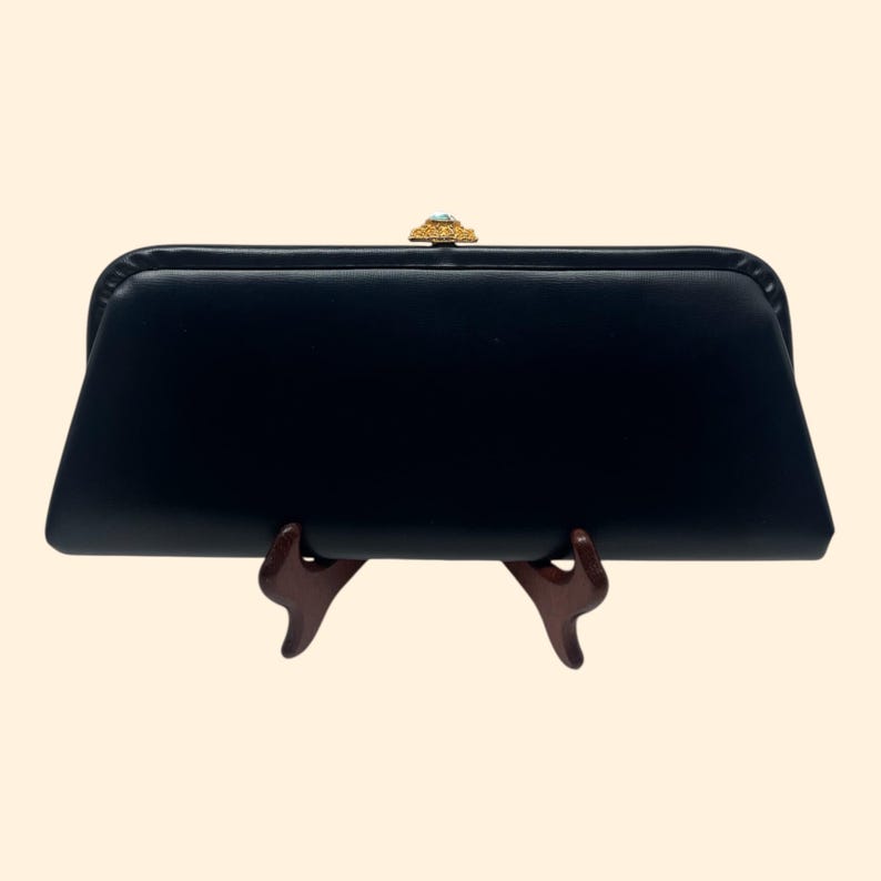 1960s Vintage Navy Blue Clutch Purse Gold Turquoise Clasp Butterfly Lining Mid Century Handbag