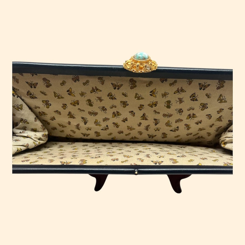 1960s Vintage Navy Blue Clutch Purse Gold Turquoise Clasp Butterfly Lining Mid Century Handbag