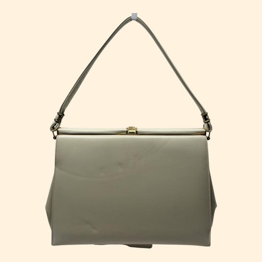 1960s Vintage Cream faux leather Handbag with Gold Hardware and Brown Interior Mid Century Purse
