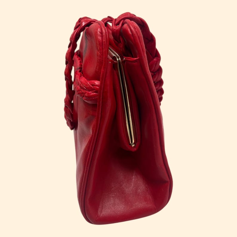 1960s Vintage Red Handbag with Braided Handles and Gold Frame Mid Century Purse