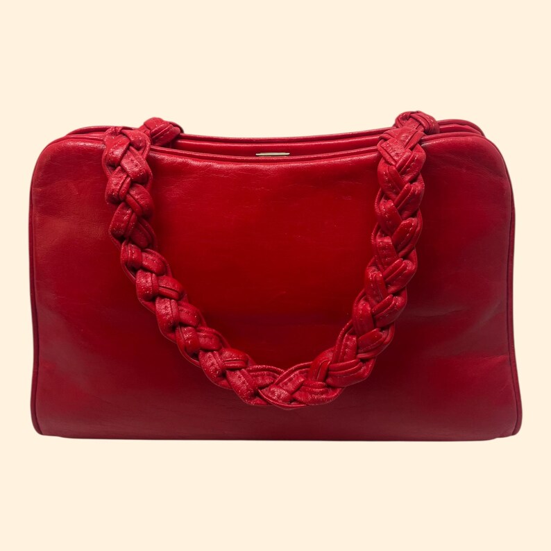 1960s Vintage Red Handbag with Braided Handles and Gold Frame Mid Century Purse