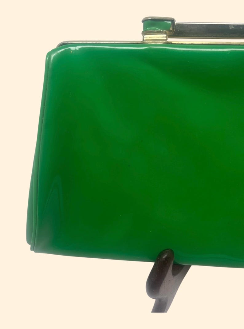 1960s Vintage Kelly Green Patent Vinyl Clutch Purse Gold Frame Blue Satin Interior Mid Century Handbag