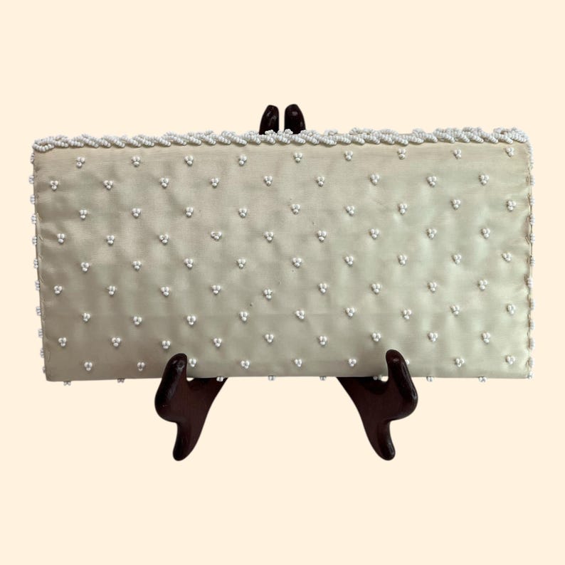1960s Vintage White Satin Beaded Clutch Purse with Matching Gloves Made in Hong Kong