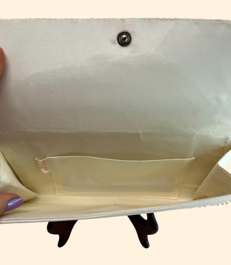1960s Vintage White Satin Beaded Clutch Purse with Matching Gloves Made in Hong Kong