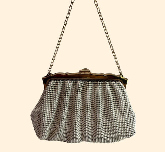 1950’s -1960’s Whiting & Davis Vintage White Mesh Evening Handbag Rhinestone Clasp Chain Handle Made in USA