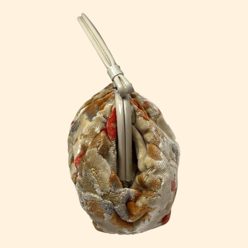 1960s Vintage Floral Velvet Handbag with Cream Frame and Handle Mid Century Purse