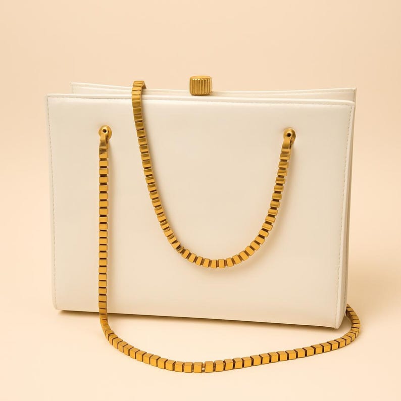 1960s Coblentz Original White Patent Leather Handbag Gold Chain Handle Vintage Purse.