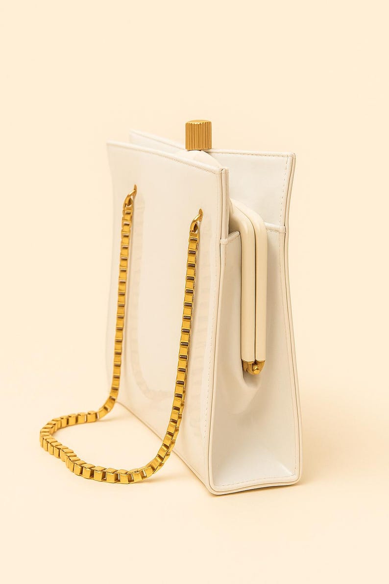 1960s Coblentz Original White Patent Leather Handbag Gold Chain Handle Vintage Purse.