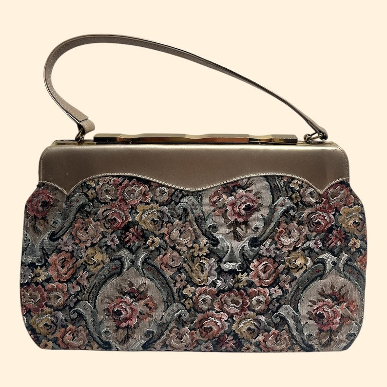 1950s–1960s Vintage Floral Tapestry Handbag with Taupe Leather Trim and Gold Frame