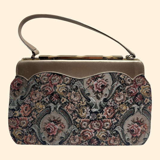 1950s–1960s Vintage Floral Tapestry Handbag with Taupe Leather Trim and Gold Frame