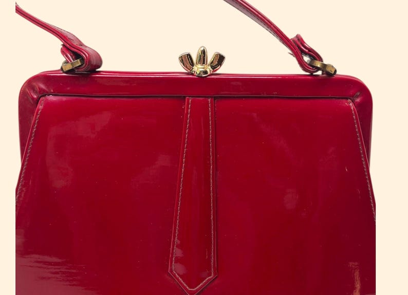 1960s Vintage cherry Red Patent Leather Handbag Structured Frame Mid Century Purse