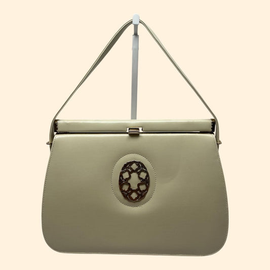 1960s Vintage Cream Faux Leather Handbag with Ornate Metal Accent and Gold Clasp Mid Century Purse
