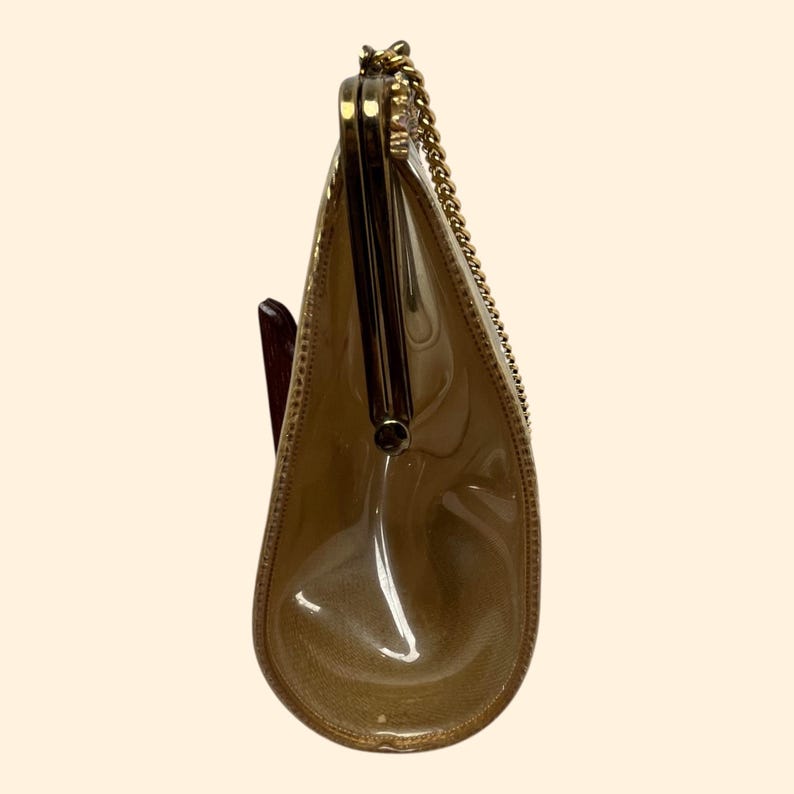 1960s Saks Fifth Avenue Gold Vinyl Handbag with Clear Sides and Rhinestone Floral Frame Mid Century Purse