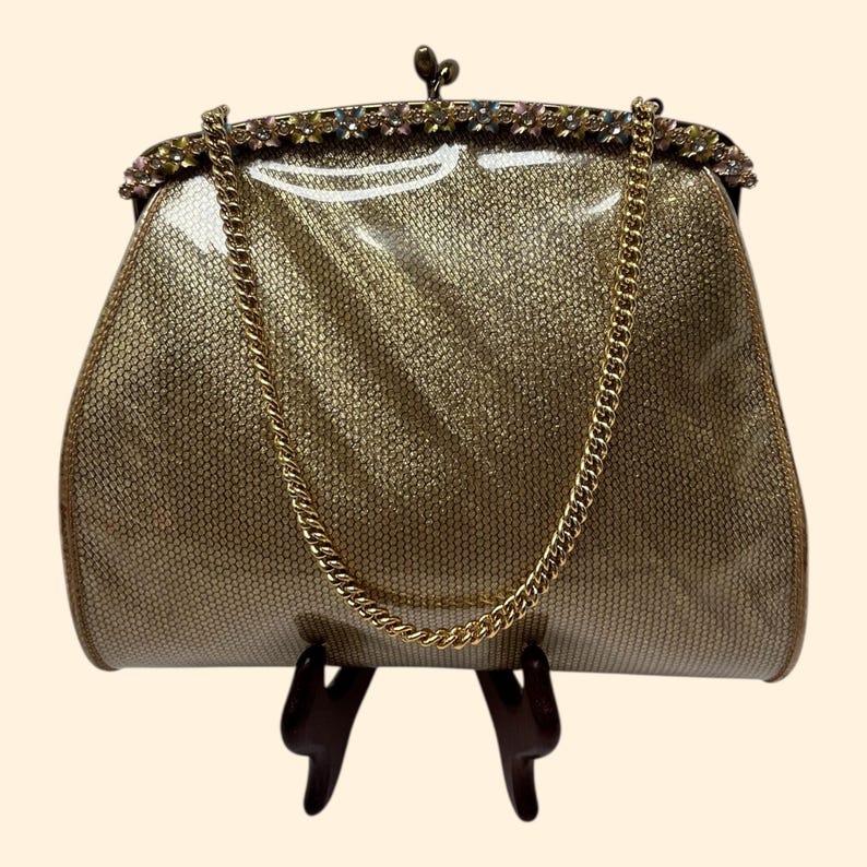 1960s Saks Fifth Avenue Gold Vinyl Handbag with Clear Sides and Rhinestone Floral Frame Mid Century Purse