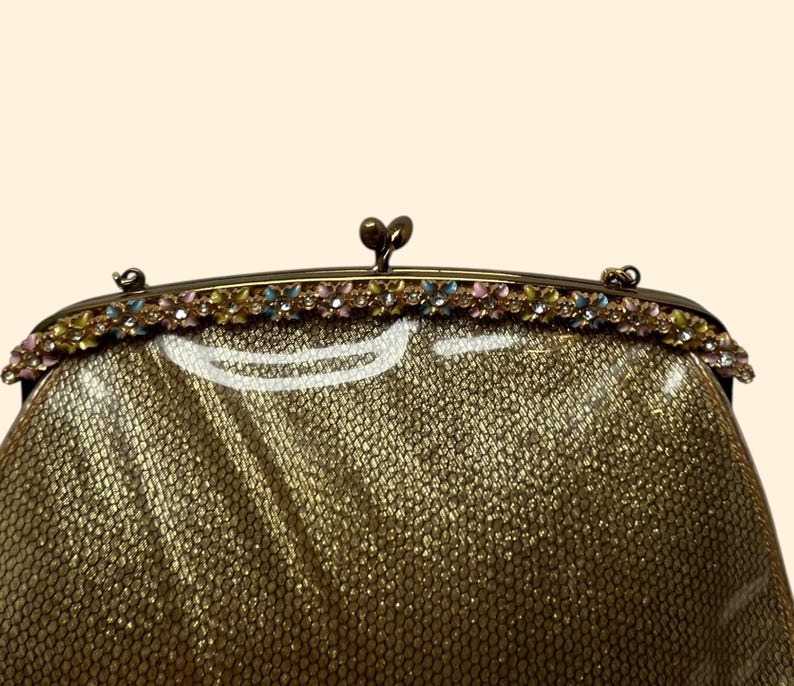 1960s Saks Fifth Avenue Gold Vinyl Handbag with Clear Sides and Rhinestone Floral Frame Mid Century Purse