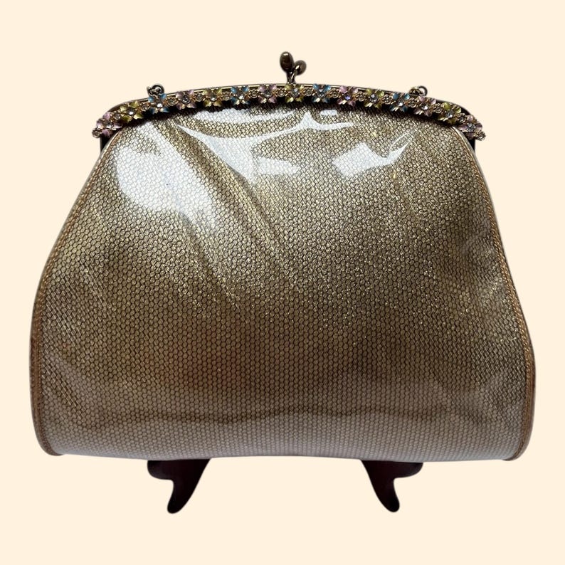 1960s Saks Fifth Avenue Gold Vinyl Handbag with Clear Sides and Rhinestone Floral Frame Mid Century Purse