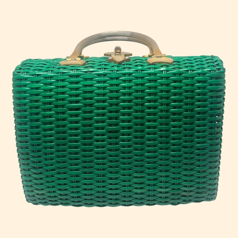 1960s Wicka Weave for Jana Vintage Green Woven Plastic Box Handbag Made in Hong Kong Mid Century Purse