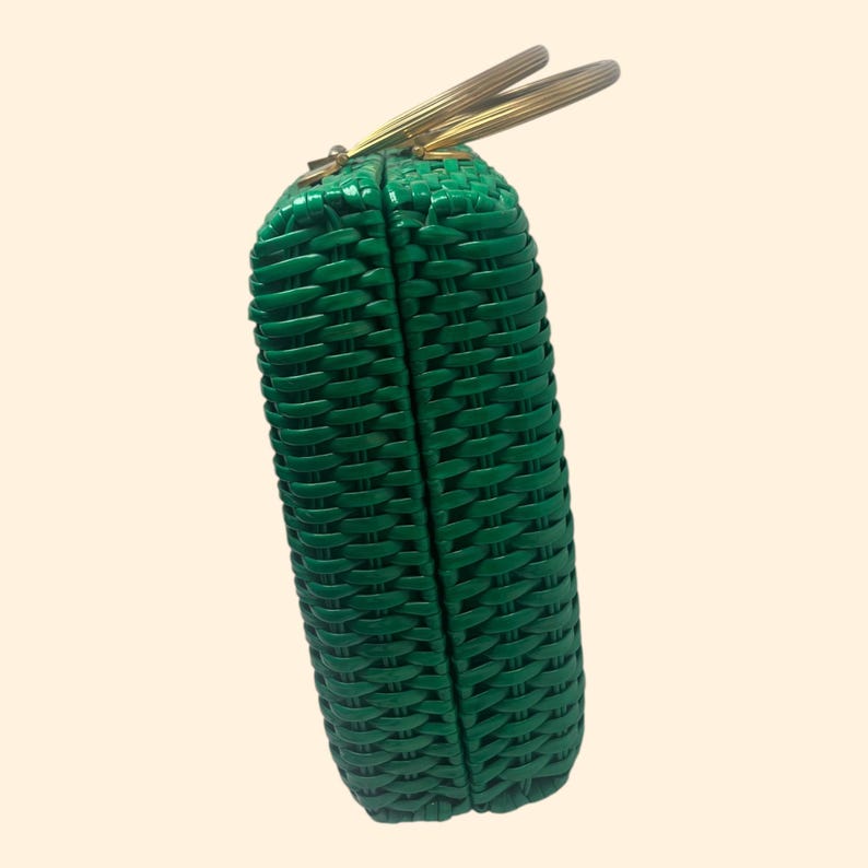 1960s Wicka Weave for Jana Vintage Green Woven Plastic Box Handbag Made in Hong Kong Mid Century Purse