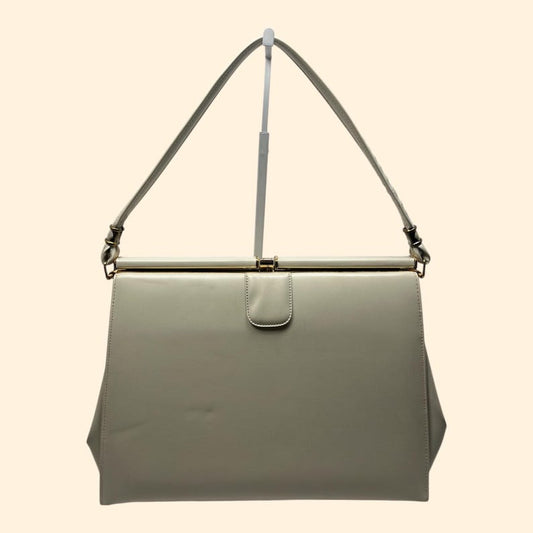 1960s Vintage Cream faux leather Handbag with Gold Hardware and Brown Interior Mid Century Purse