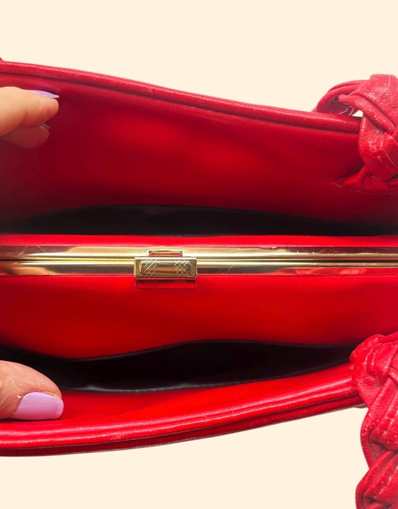 1960s Vintage Red Handbag with Braided Handles and Gold Frame Mid Century Purse