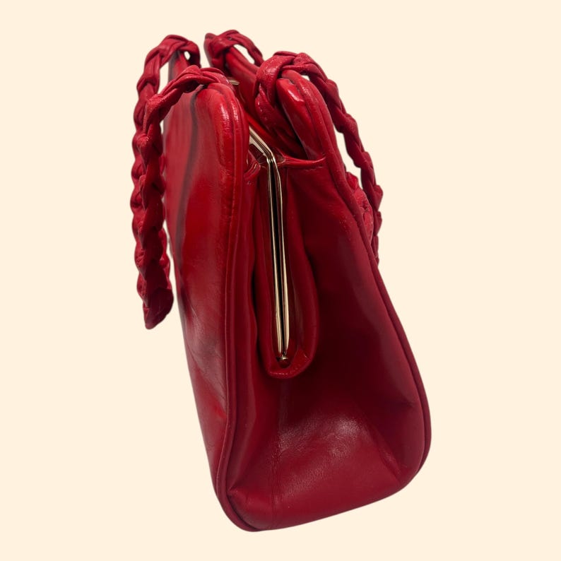 1960s Vintage Red Handbag with Braided Handles and Gold Frame Mid Century Purse