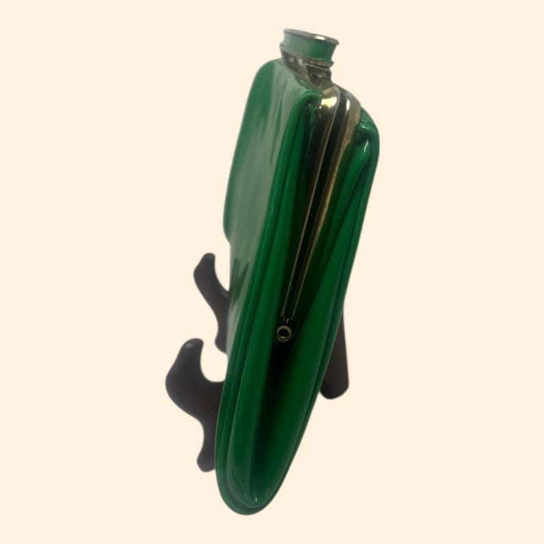 1960s Vintage Kelly Green Patent Vinyl Clutch Purse Gold Frame Blue Satin Interior Mid Century Handbag