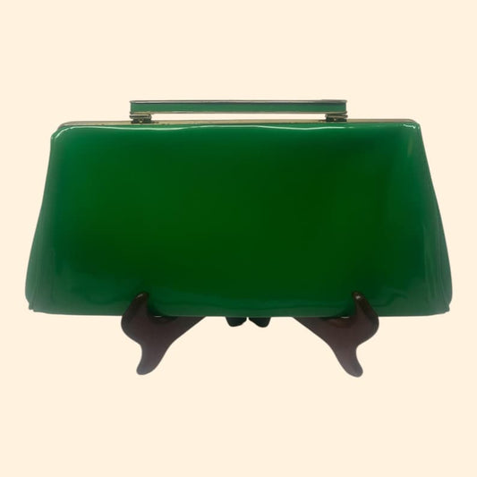 1960s Vintage Kelly Green Patent Vinyl Clutch Purse Gold Frame Blue Satin Interior Mid Century Handbag