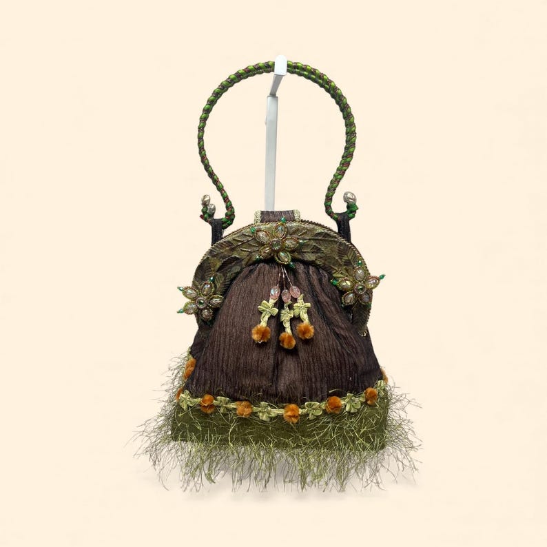 Mary Frances Vintage Brown Green Beaded Floral Embellished Handbag with Braided Handle and Fringe Trim