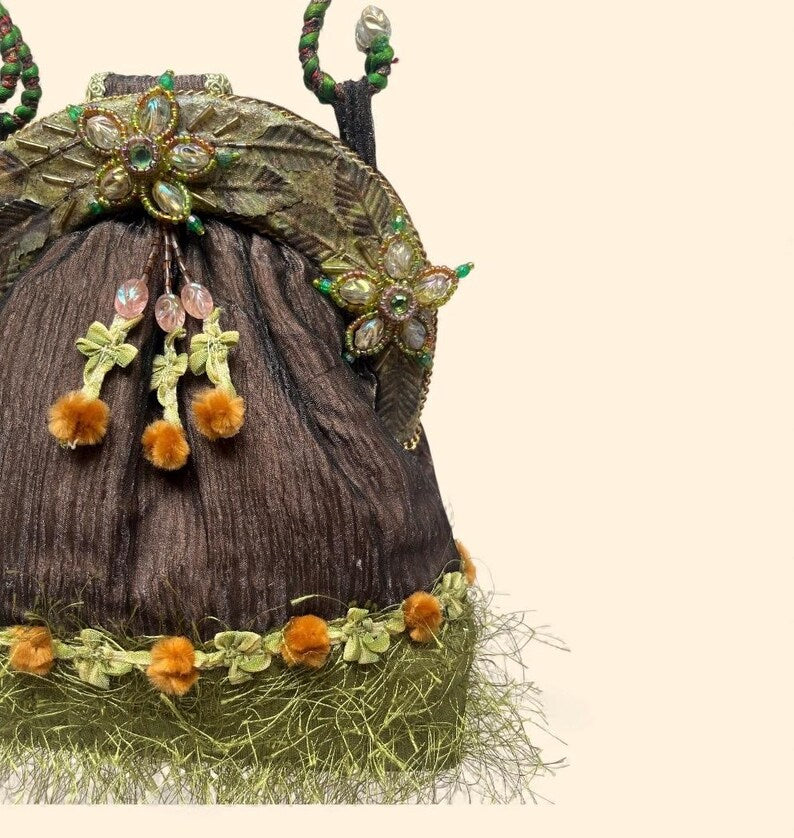 Mary Frances Vintage Brown Green Beaded Floral Embellished Handbag with Braided Handle and Fringe Trim