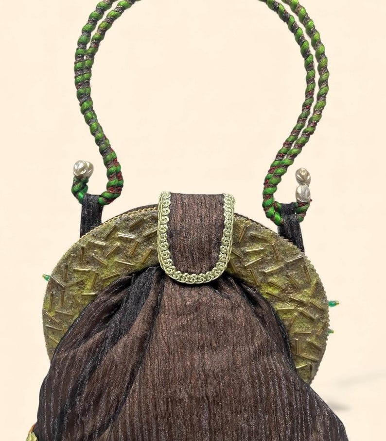 Mary Frances Vintage Brown Green Beaded Floral Embellished Handbag with Braided Handle and Fringe Trim